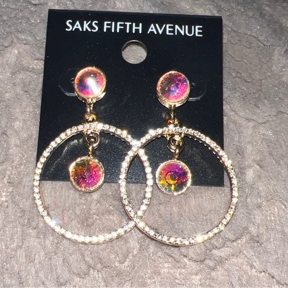 Saks 🩷 New! Fifth Avenue Gold and Pink Crystal Hoop Earrings